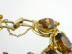 Vintage Costume Goldtone Metal Brown and Yellow Rhinestone Bracelet Unsigned