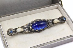 Lovely Antique Arts & Crafts Cobalt Blue Cabochon Brass Pin