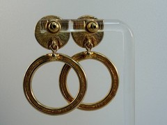 Vintage Monet Black & Gold Door Knocker Round Dangle Post Earrings