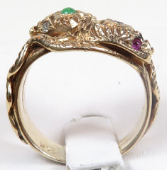 Vintage 14K Rose Gold Double Serpent Ring Diamond Natural Jade & Ruby Eyes Deco