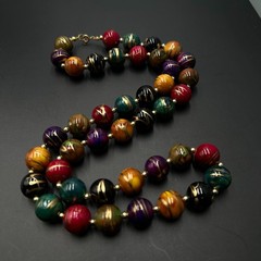 Vintage Wooden Bead Necklace Colorful Hand Painted Gold Accents Boho Artsy 30in