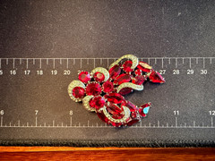 Vintage Mid Century Ruby Red Rhinestone Brooch Rhodium Plated Open Back Unsigned