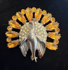 30s Vintage Pot Metal Peacock Brooch Amber Glass Marquise Pave Rhinestones 2.5″