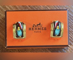 Hermes Vintage Cloisonne’ Luxury Enamel Gold Tone Clip on Earrings with box