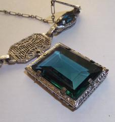 Antique Vintage Art Deco Deep Teal Faceted Glass Ornate Filigree Necklace