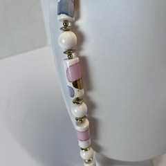 Vintage Ceramic Barrel & Round Beads Necklace – 30” – White Pink Blue – 1980s