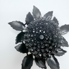Albert Weiss Black Rhinestone and Enamel Flower Pin Brooch Signed Vintage