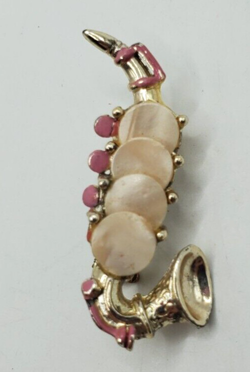 Vintage Saxophone Brooch Pink Enamel Mother of Pearl Keys Gold Tone Pin Brooch