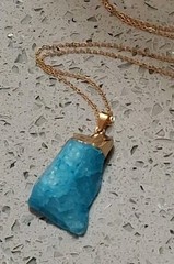 Vintage Pendant Huge Natural Chunky Quartz Dyed Aqua Blue Gold Tone Dipped 20″ L