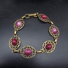 Red Pink Faux Star Ruby Bracelet Brass Filigree Links Vintage Costume Jewelry