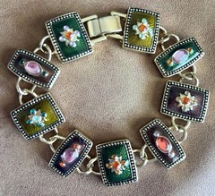 Napier enamel rectangular panel bracelet black base colored cabachons stones