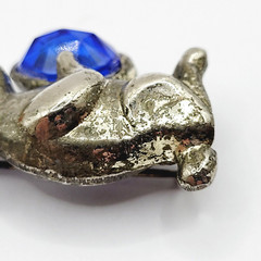 Rabbit Bunny Holding Blue Faceted Egg Silver Tone Vintage Brooch Pin Distressed
