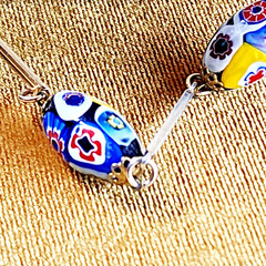 Vintage Italian Artisan Millefiori Glass Necklace 30 inches Brass Links