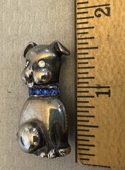 Adorable Vintage Bulldog Pug Puppy Dog Brooch Blue Rhinestone Collar signed LJ
