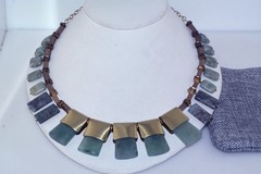 Contemporary Bronze Copper Green Stone Bib Cleopatra 18″ Necklace