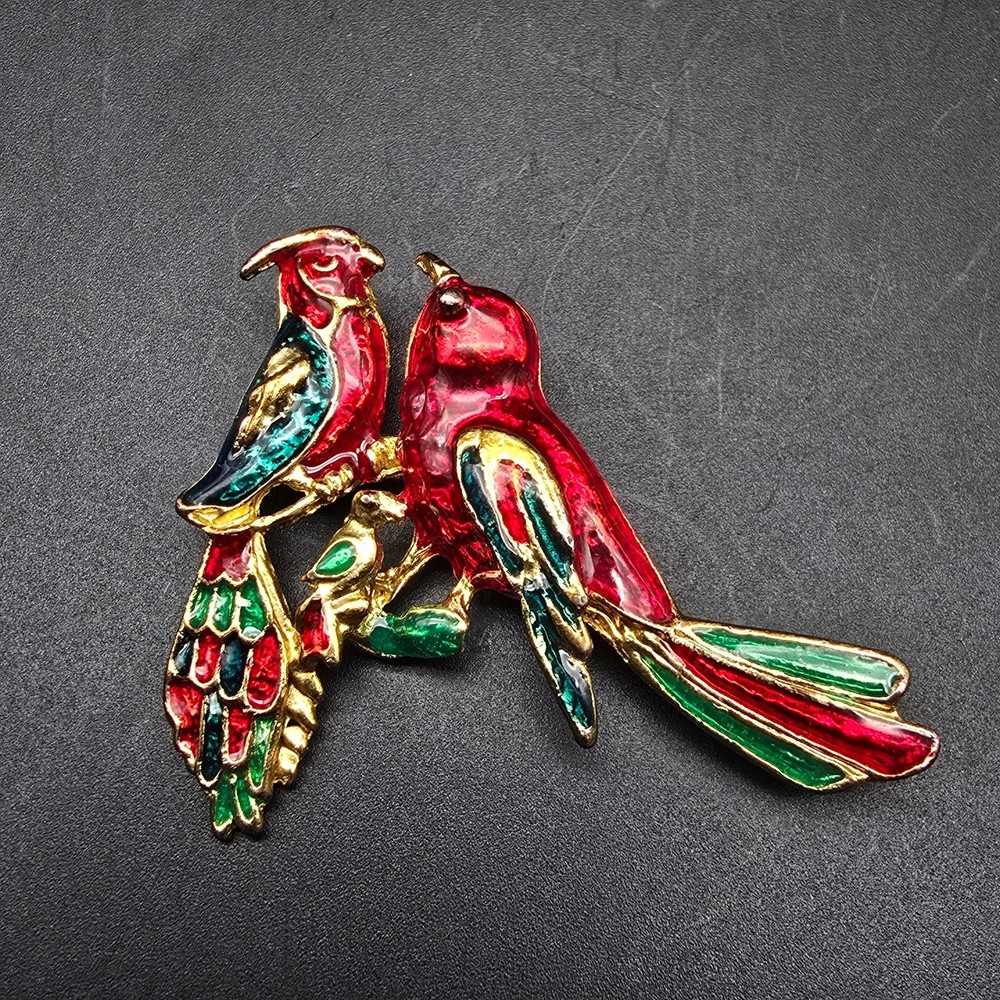 Red Colorful Enamel Pair of Birds Brooch Animal Costume Jewelry