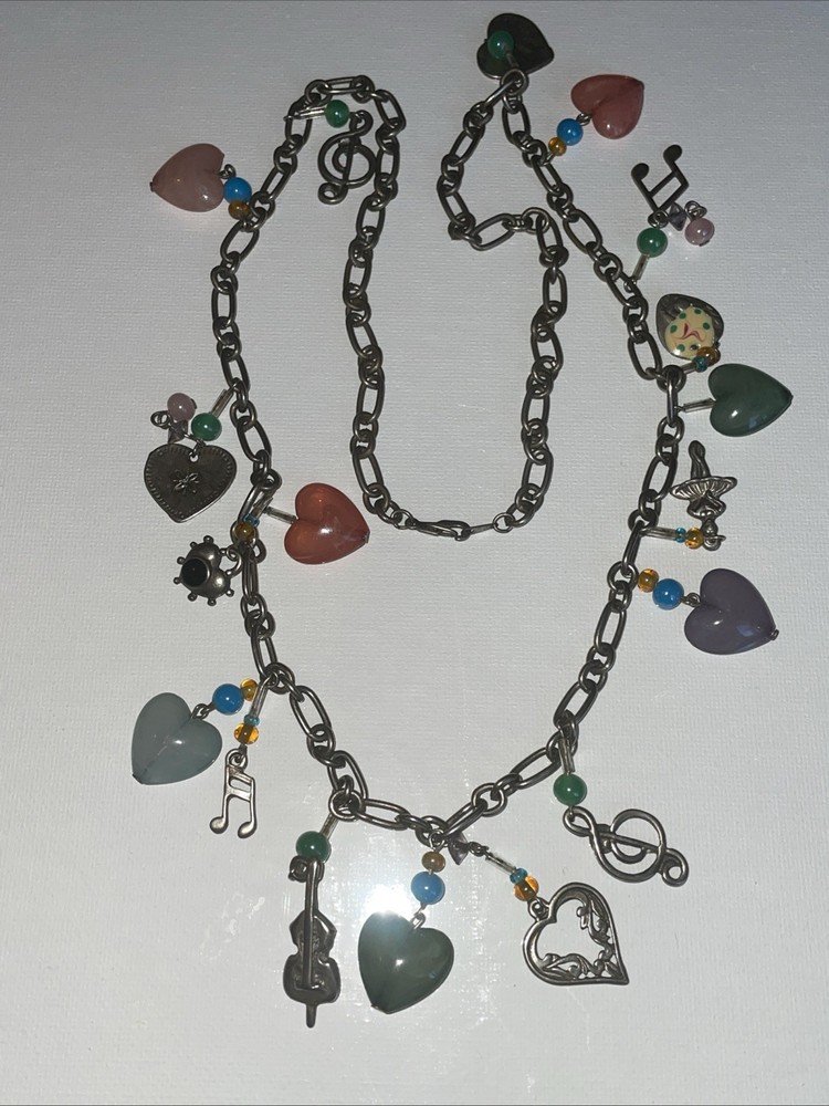 Vintage Glass Heart Music Ballerina Dangle Charm Necklace 28 In