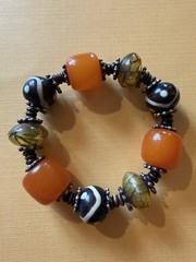 VTG 3 Bakelite Butterscotch Beads Bracelet / B&W artisan beads / metal spacers