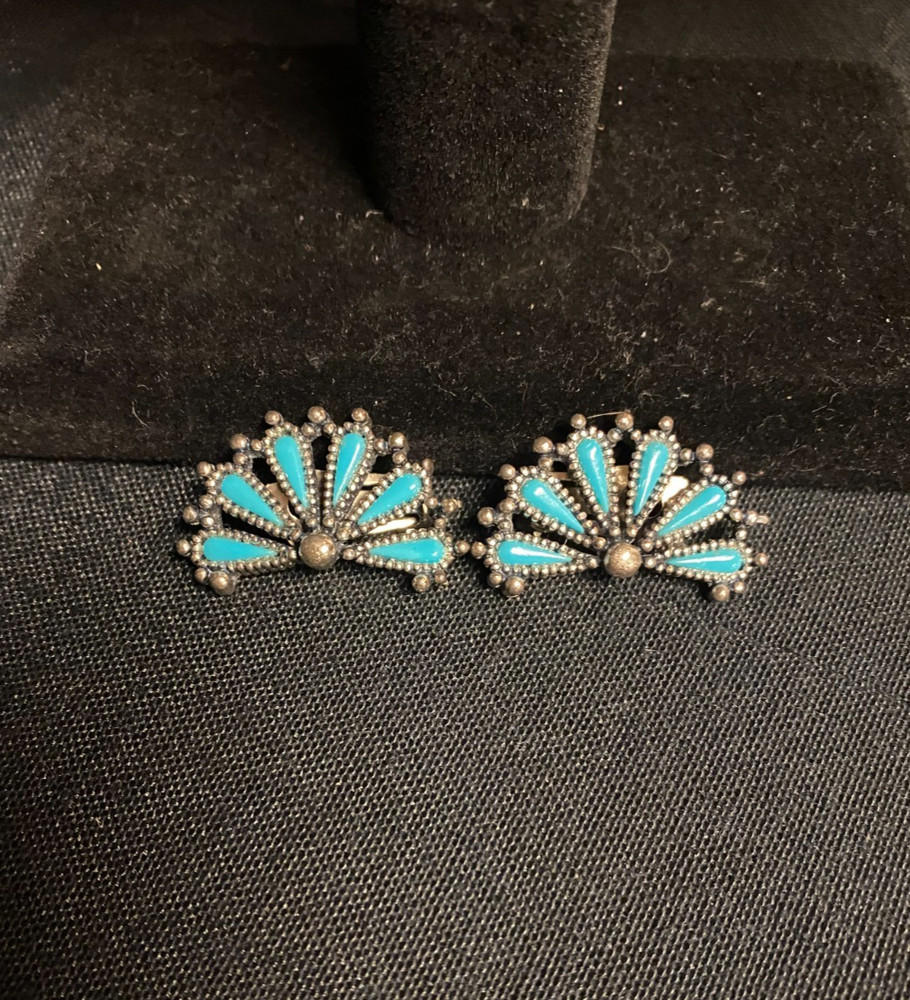 NYT Signed Native American Faux Turquoise Silver-Tone Clip-on Earrings VTG