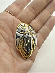 VTG Liz Claiborne Silver and Gold Tone Owl Brooch with Crystal Rhinestone Eyes