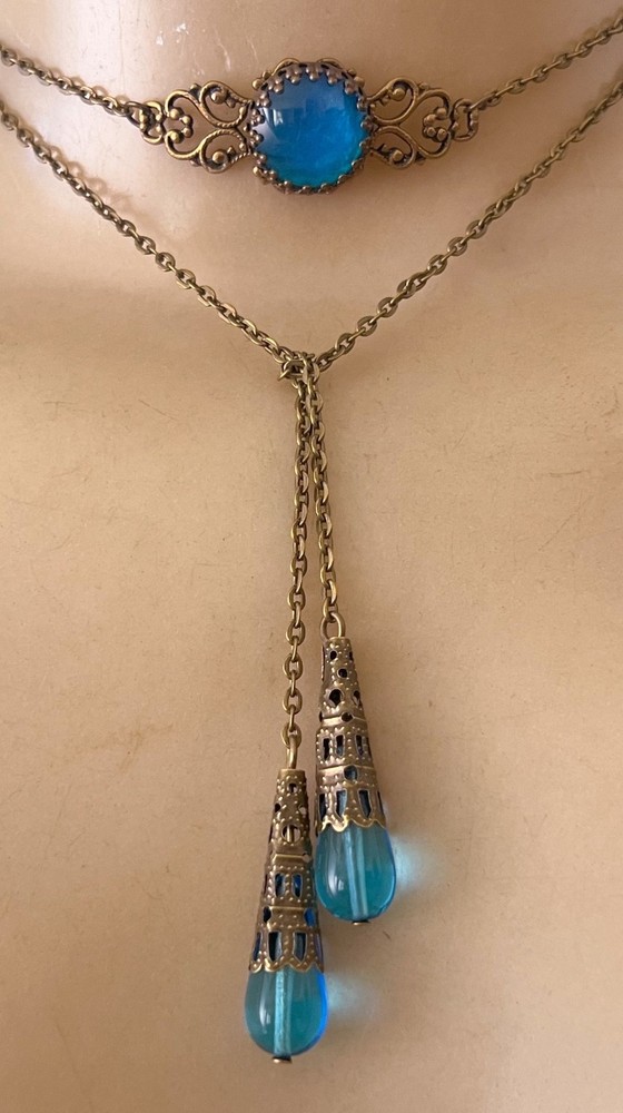 Vintage Necklace Art Nouveau Aqua Cabochon Pendant Czech Glass Lariat