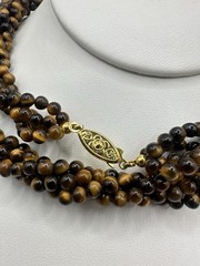 VTG 29In 4 Strand Tigers Eye Bead Necklace Caviar Gold Tone Fish Hook Clasp Read