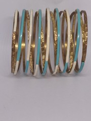 Vintage Copper Brass Bangle Bracelet Set Turquoise White Enamel Stackable Boho