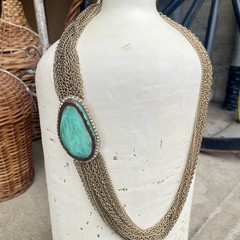 Vtg Multi Strand Gold Tone Chain Statement Necklace Marbled Green Rhinestones