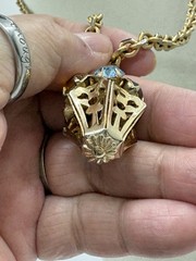 Gold Tone VTG Rhinestone 3D Flower Basket Pendant Necklace LOOK