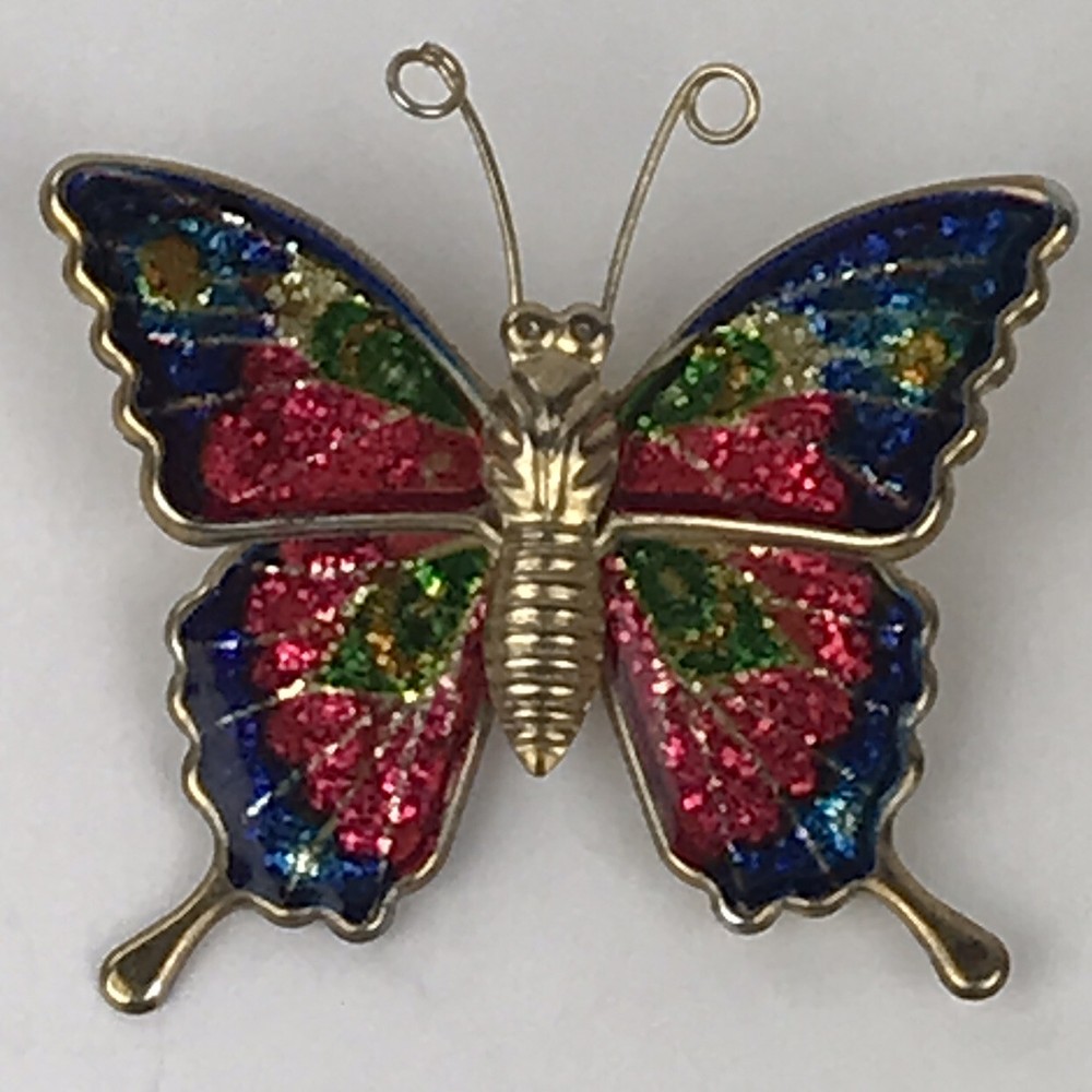 Vintage Glitter Sparkle Enamel Butterfly Brooch Gold Tone Metal 1 5/8”