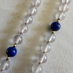 Vintage Frosted Rose Quartz Lapis Lazuli 27″ Beaded Necklace Gold Accent Spacers