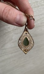 VTG Jade Nephrite Diamond Chip Gold Tone Filigree Cultured Pearl Necklace 18″