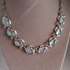 Vintage Necklace Blue Thermoset/Enamel Rhinestone Silver Tone Necklace 15”