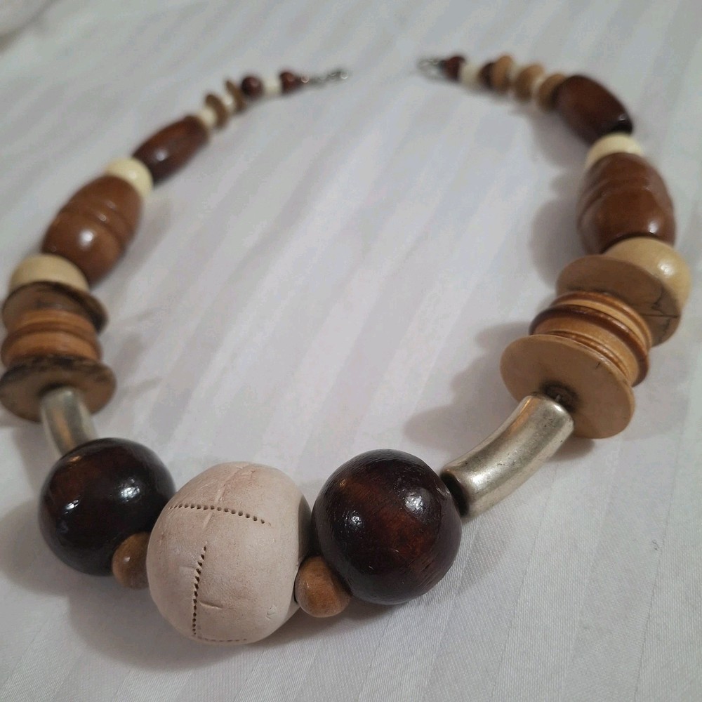 Vintage Chunky Mix Wood Necklace Clay Art Pendant Handmade Silver Tone Round