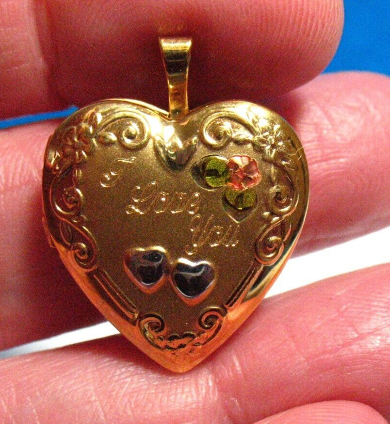 14K GOLD FILLED HEART LOCKET COLORIZED I LOVE YOU 20 MM 3 GRAMS J-490