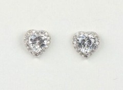 14k Solid White Gold Halo Heart Stud Earrings