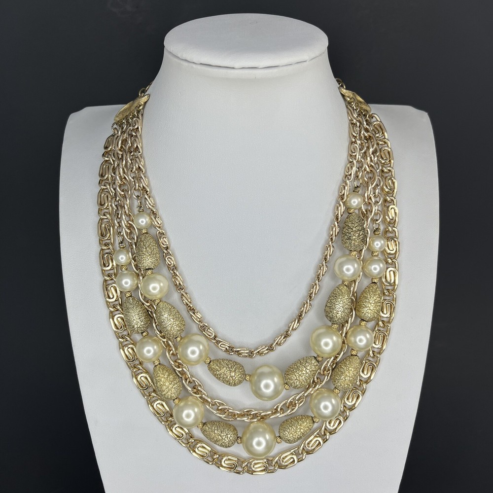 Vtg Francois Coro Bib Necklace Gold Tone Multi Chain Faux Pearl Cascade Chunky