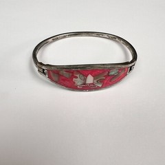 Mexico Alpaca Pink Red Enamel Mother of Pearl Shell Cuff Bangle Bracelet