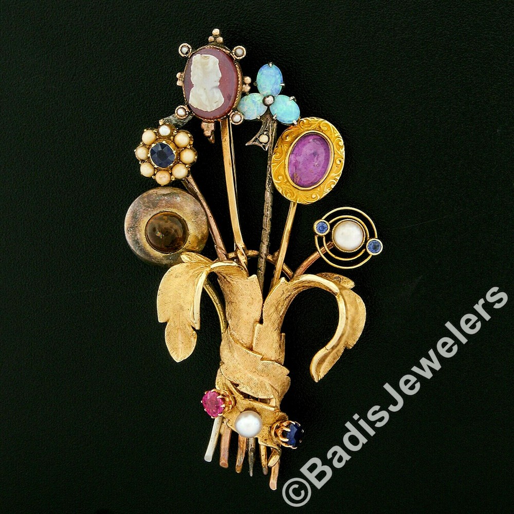 Antique Victorian Custom 6 Gold Silver Stick Pin Bundle Pearl & Gemstone Brooch