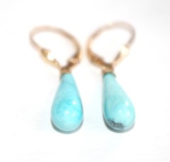 Vintage Gorgeous Genuine 1/20 14K GF Blue Turquoise Teardrop Lever back Earrings