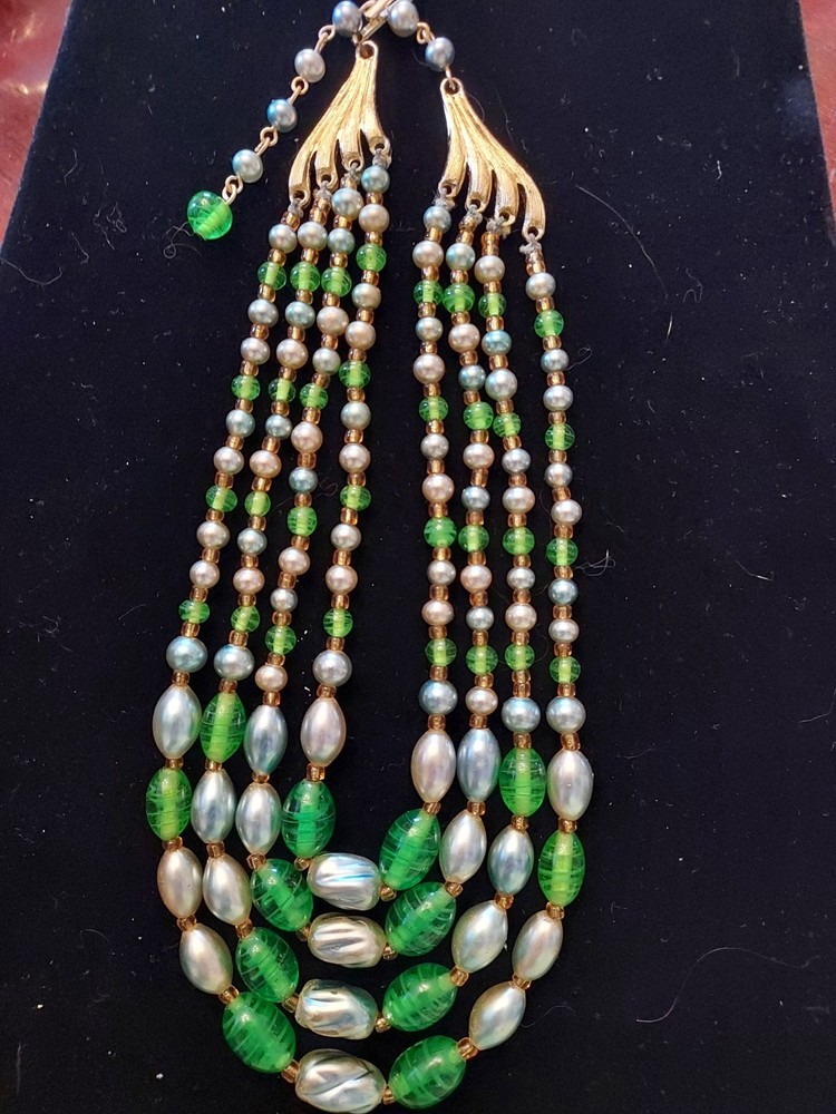 Vintage Four Strand Green/Blue-Gray Glass Beaded Necklace