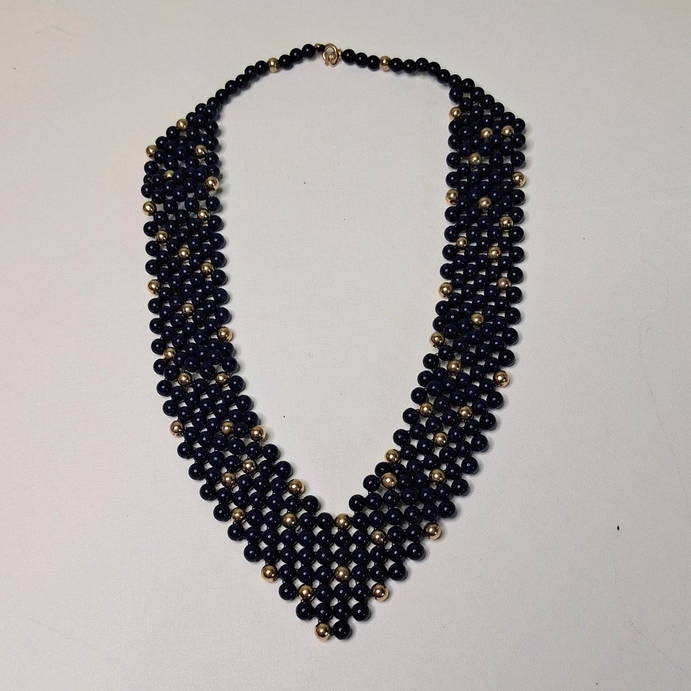 Navy Blue & Gold Beaded Bib Necklace Woven Statement Collar V-Shape Vintage