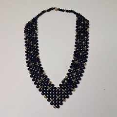 Navy Blue & Gold Beaded Bib Necklace Woven Statement Collar V-Shape Vintage