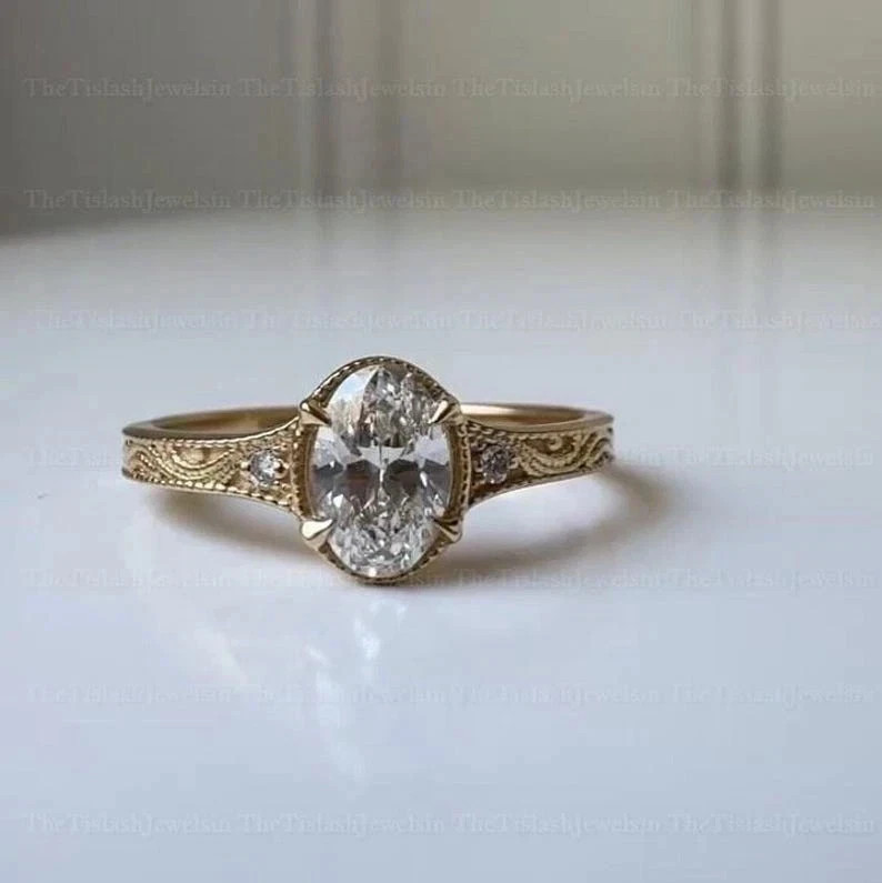 Vintage 2CT Oval Lab Created Diamond Ring Engraved Art Deco 14K Yellow Gold Over