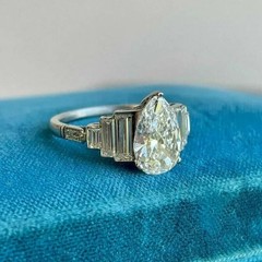 Vintage Lab Created Diamond 4CT Pear Art Deco Tapered Baguette Ring 14K Gold FN