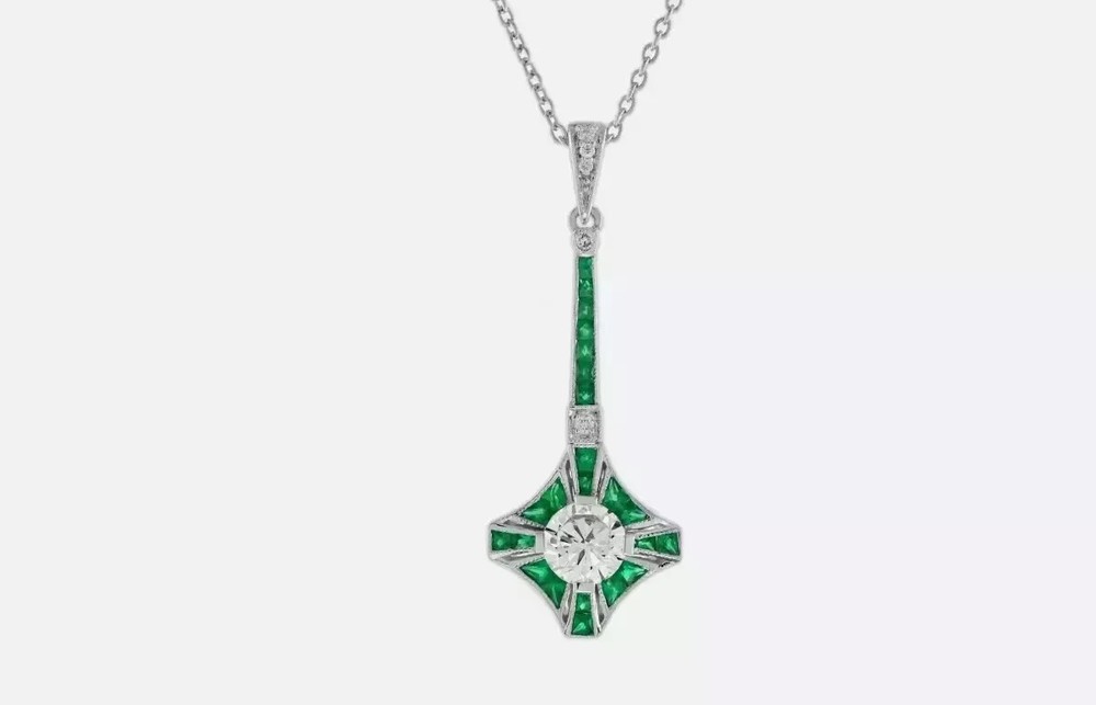 Art Deco Style Round Lab Created Diamond & Emerald Pendant 14k White Gold Finish