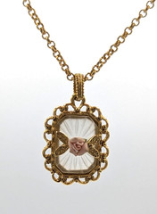 Vintage 1928 Porcelain Rose Frosted Glass Pendant Necklace Gold Tone Pink Flower