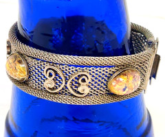 Metal Mesh Bracelet Lucite Foil Faux-Opal Cabochons Silvertone Vintage 60s