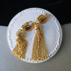 Vintage High End Gold Tone Amethyst Glass Bezel Accents Tassels Earrings Clip on