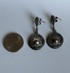 Vintage 950 Sterling Silver Dangling Earrings Ladies 1.50” Round Domed 8.17g